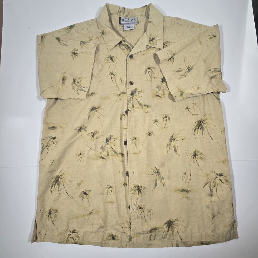 Columbia Camp Shirt Men Large Tan Palm Tree Print Pleated Short Sleeve Button Up